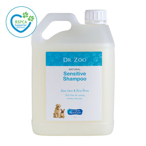 Dr Zoo Sensitive pet shampoo 2.5L bottle with natural ingredients, aloe vera and rice bran formula, RSPCA supported product
