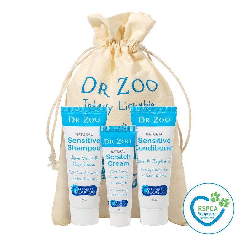 Dr Zoo Pet Bathtime Trial Kit with reusable drawstring bag, natural pet shampoo, conditioner and scratch cream sample sizes