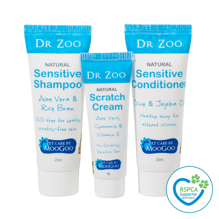 Pet Bathtime Trial Kit by Dr Zoo, three natural mini pet care products with Aloe Vera and Jojoba Oil