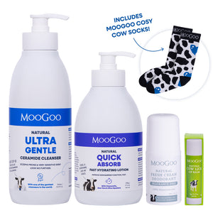 MooGoo Oncology Cancer Care Pack with Ultra Gentle Cleanser, Fast Hydrating Lotion, Fragrance Free Deodorant, Cow Lick Lip Balm and cosy cow print socks, skincare gift set for chemo and radiation patients
