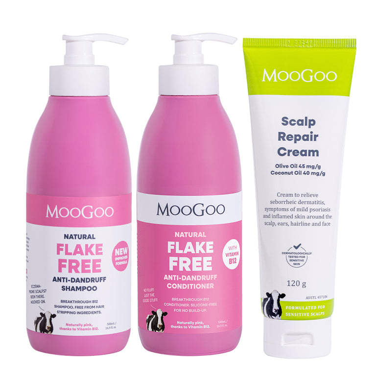 MooGoo Scalp Repair Pack on white background, including natural pink shampoo, pink conditioner and scalp cream for dandruff and seborrheic dermatitis, gentle on sensitive scalps