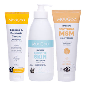 Three MooGoo natural skincare products arranged side by side on a white background: Eczema & Psoriasis Cream in a yellow-and-white tube, Sensitive Skin Milk Wash in a white bottle with a pump and light blue label, and Soothing MSM Moisturiser in a white tube with a peach label. 3 step skin soothing routine. 
