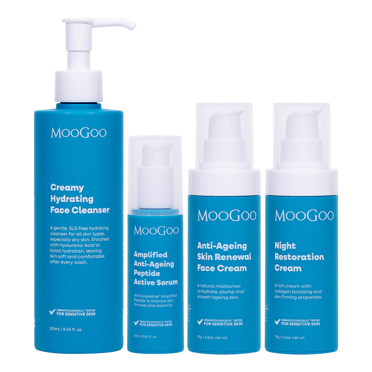 MooGoo anti-ageing face bundle containing four MooGoo skincare products arranged on a white background: a large blue pump bottle of Creamy Hydrating Face Cleanser, a small blue pump bottle of Amplified Anti- ageing Peptides Serum, a medium blue pump bottle of Anti-Ageing Skin Renewal Face Cream, and a larger blue pump bottle of Night Restoration Cream. Unlock youthful, radiant, hydrated skin.