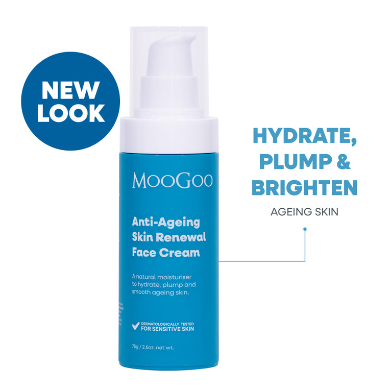 MooGoo Anti-Ageing Skin Renewal Face Cream in a blue and white pump bottle, shown on a white background. New & Improved. Deeply hydrate, plump & Brighten ageing skin. Smooth texture & reduces fine lines. 