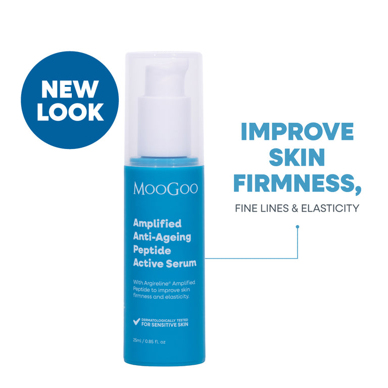 MooGoo Amplified Anti-Ageing Peptide Active Serum in a bright blue pump bottle with a clear cap, shown on a white background. Improves skin firmness & elasticity. 50x more potent than regular Argireline. 