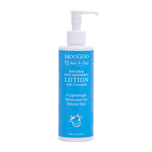 MooGoo baby and child natural fast absorbing lotion with ceramides 200g with a white background. A lightweight Moisturiser for delicate skin. 