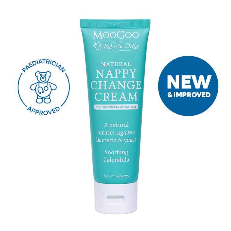 MooGoo Baby & Child Natural Nappy Change Cream on white background, paediatrician approved, calms and protects baby's skin against nappy rash.