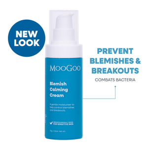 MooGoo Blemish Calming Cream in a blue pump bottle with a white cap, shown on a white background. Prevents blemishes and breakouts, while combatting bacteria. 