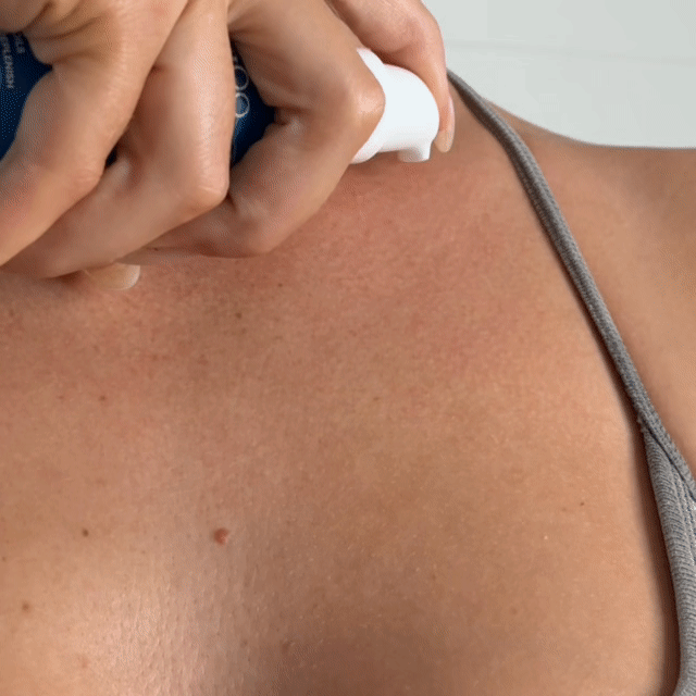 Female applying MooGoo Skin Hero Body Oil to chest and rubbing in. With 6 hero nourishing oils to instantly replenish, soften and hydrate dry skin. Lightweight, Fast-Absorbing & Ideal for Pregnancy & Postpartum Skincare