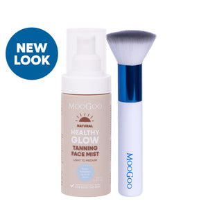 MooGoo Tanning Blending Brush with Natural Face Mist on clean white backdrop, fake tan kit for face and body, golden bronzed glow without streaks