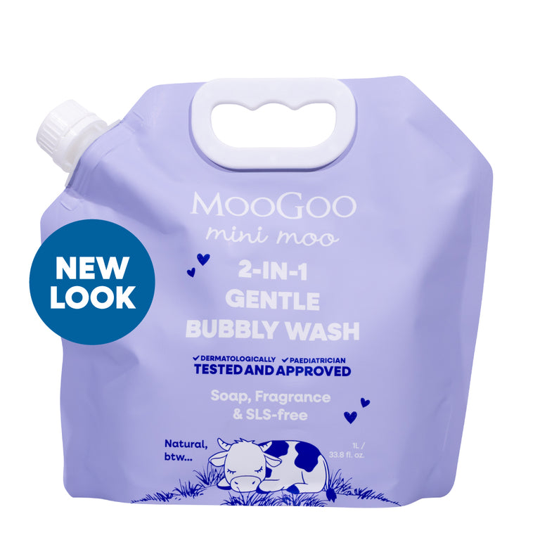 MooGoo Mini Moo Baby and Child Natural 2 in 1 Bubbly Wash 1L pouch in white background, Paediatrician approved gentle cleaner & bubble bath. Soap & SLS free. Tear free formula.