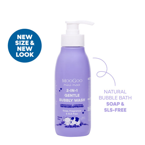 MooGoo Mini Moo Baby and Child Natural 2 in 1 Bubbly Wash 250ml in white background, Paediatrician approved gentle cleaner & bubble bath. Soap & SLS free. Tear free formula.