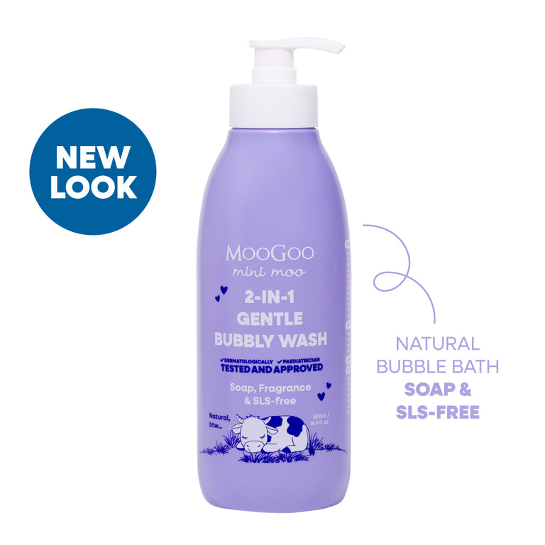 MooGoo Mini Moo Baby and Child Natural 2 in 1 Bubbly Wash 500ml in white background, Paediatrician approved gentle cleaner & bubble bath. Soap & SLS free. Tear free formula.