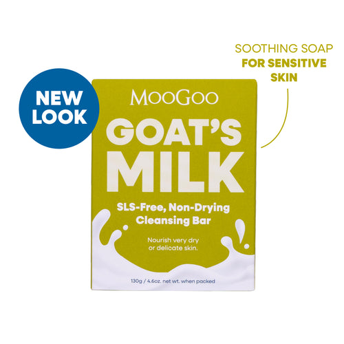 MooGoo Soothing Cleansing Bar Goat’s Milk on white background, nourishing SLS-free cleansing bar to calm and hydrate delicate or irritated skin.