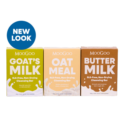 MooGoo Natural Cleansing Bar Trio on white background, with Buttermilk, Oatmeal and Goat’s Milk, non-drying soap bars for sensitive and dry skin SLS-free
