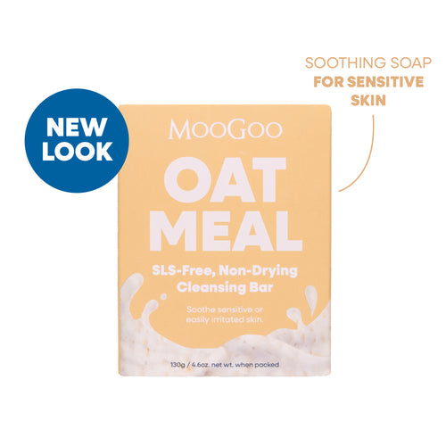 MooGoo Natural Refreshing Cleansing Bar with Oatmeal on white background, 130g boxed soap for dull skin, gentle and SLS-free