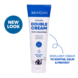 MooGoo Natural Double Cream with Ceramides on white background, intensive moisturiser for very dry and damaged skin with post treatment hydration