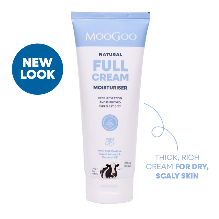 Natural Full Cream Moisturiser by MooGoo shown against plain backdrop, everyday face and body cream to boost elasticity and hydrate sensitive skin
