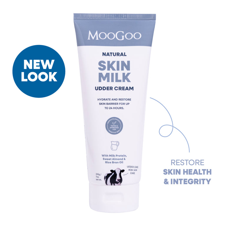 Moogoo Natural Skin Milk Udder Cream 200g tube on a white background. Hydrate and restore skin barrier for up to 24 hours. 