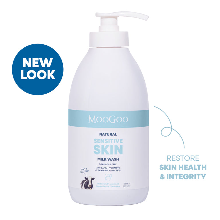 MooGoo Natural Milk Wash shown plain, hydrating face and body wash with phthalate free fragrance for sensitive skin
