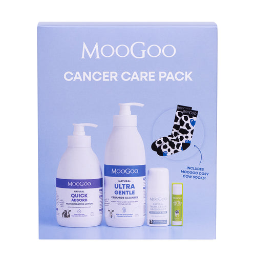 MooGoo Cancer Care Pack gift box, featuring natural gentle cleanser, lightweight fast hydrating lotion, fragrance-free deodorant, lip balm and cow socks