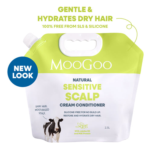 MooGoo Natural Sensitive Scalp Cream Conditioner in a 2.5L squeeze pouch with a lime green and white design, featuring a blue 'NEW LOOK' badge and text highlighting gentle hydration for dry hair. Scalp friendly silicone free conditioner eco pack with 80% less plastic. 