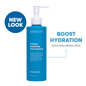 MooGoo Creamy Hydrating Face Cleanser 250ml on white backdrop, natural face cleanser for all skin types, Silky Smooth Formula With Hyaluronic Acid for Soft, Hydrated Skin.
