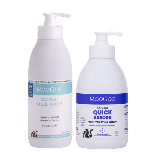 Bottle of MooGoo Milk Wash and Fast Hydrating Lotion on plain white background, Creamy Hydrating Cleanser and Lightweight Lotion To Replenish Dry, Sensitive Skin