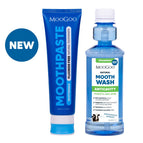MooGoo Natural Moothpaste and MooGoo Natural Moothwash standing side by side on white background, fluoride-free toothpaste, alcohol-free mouthwash, natural dental care