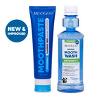 MooGoo oral care set featuring a blue tube of whitening toothpaste and a matching blue bottle of mouthwash, shown on a white background, fluoride-free toothpaste, alcohol-free mouthwash, natural dental care. 