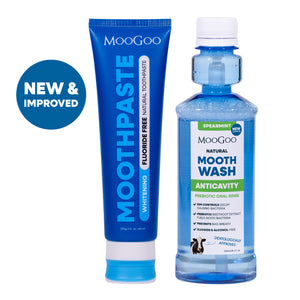 MooGoo oral care set featuring a blue tube of whitening toothpaste and a matching blue bottle of mouthwash, shown on a white background, fluoride-free toothpaste, alcohol-free mouthwash, natural dental care. 