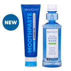 MooGoo Natural Moothpaste and MooGoo Natural Moothwash standing side by side on white background, fluoride-free toothpaste, alcohol-free mouthwash, natural dental care