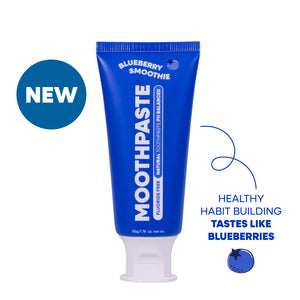 Tube of MooGoo Kids Blueberry Smoothie flavoured toothpaste on a white background. Healthy habit building, tastes like blueberries. Fluoride-free formula, safe for kids.