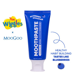MooGoo x The Wiggles Moothpaste toothpaste tube in blueberry smoothie flavour on a white background. The tube is bright blue with white text and a white cap. Healthy habit building, tastes like a blueberry smoothie. Fluoride-free formula, safe for kids.