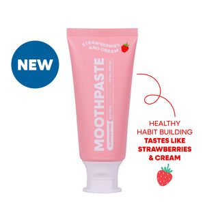 Tube of MooGoo Kids Strawberries & Cream flavoured toothpaste on a white background. Healthy habit building, tastes like Strawberries & Cream. Fluoride-free formula, safe for kids.