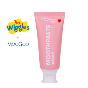 MooGoo x The Wiggles Moothpaste toothpaste tube in strawberries and cream flavour on a white background. The tube is light pink with white text and a white cap. Healthy habit building, tastes like strawberries and cream. Fluoride-free formula, safe for kids.