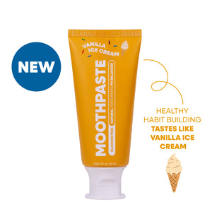 Tube of MooGoo Kids Vanilla Ice Cream flavoured toothpaste on a white background. Healthy habit building, tastes like Vanilla Ice Cream. Fluoride-free formula, safe for kids.