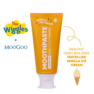 MooGoo x The Wiggles Moothpaste toothpaste tube in Vanilla Ice Cream flavour on a white background. The tube is bright orange-yellow with white text and a white cap. Healthy habit building, tastes like Vanilla Ice Cream. Fluoride-free formula, safe for kids.