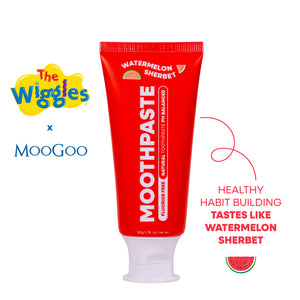 MooGoo x The Wiggles Moothpaste toothpaste tube in watermelon sherbet flavour on a white background. The tube is bright red with white text and a white cap. Healthy habit building, tastes like watermelon sherbet. Fluoride-free formula, safe for kids.
