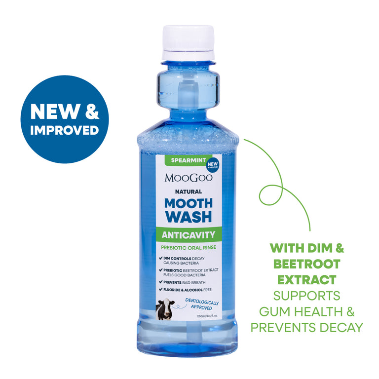 A bottle of MooGoo Natural Mouth Wash Anticavity in spearmint, shown on a white background. Gentle alcohol and fluoride free mouthwash for healthy gums, 
with DIM & Beetroot extract to support gum health and prevent tooth decay. 