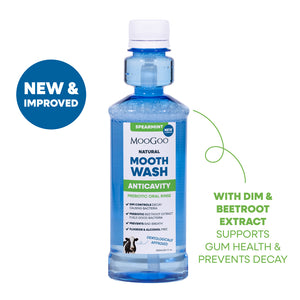 A bottle of MooGoo Natural Mouth Wash Anticavity in spearmint, shown on a white background. Gentle alcohol and fluoride free mouthwash for healthy gums, 
with DIM & Beetroot extract to support gum health and prevent tooth decay. 
