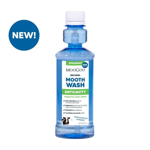 MooGoo Natural Moothwash Spearmint in hygienic blue bottle on white background, gentle alcohol and fluoride free mouthwash for healthy gums