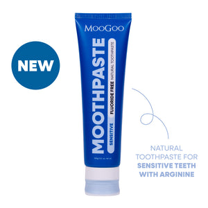 Tube of MooGoo Sensitive toothpaste on a white background. Tastes like Peppermint. Fluoride-free formula, safe for kids. With Hydroxyapatite & Theobromine for natural remineralisation and Arginine for sensitivity.
