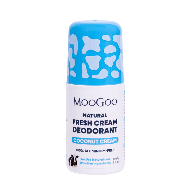 MooGoo Fresh Cream Deodorant Coconut Cream on plain background, natural deodorant free from parabens, phenoxyethanol and aluminium