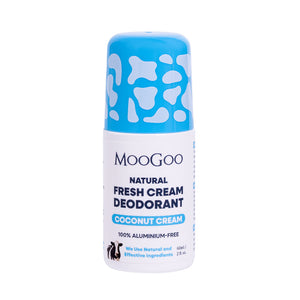 MooGoo Fresh Cream Deodorant Coconut Cream on plain background, natural deodorant free from parabens, phenoxyethanol and aluminium