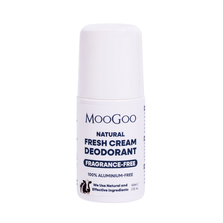 Natural Fresh Cream Deodorant Sensitive fragrance free variant by MooGoo, aluminium free deodorant on plain backdrop for delicate underarms