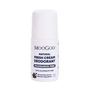 Natural Fresh Cream Deodorant Sensitive fragrance free variant by MooGoo, aluminium free deodorant on plain backdrop for delicate underarms