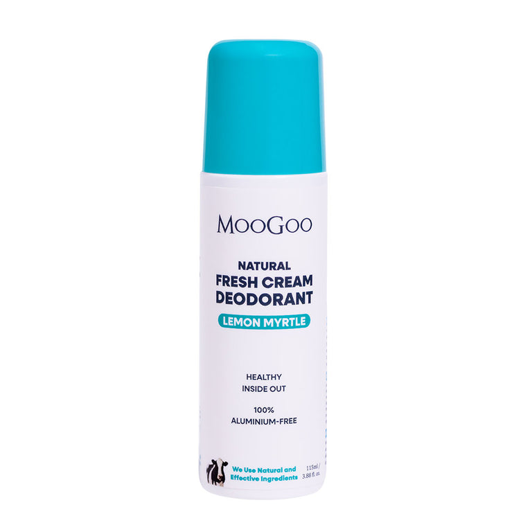 MooGoo Fresh Cream Deodorant Lemon Myrtle displayed on clean white backdrop, natural roll-on with light citrus fragrance and alkaline formula, natural roll-on formula to control odour without irritation.