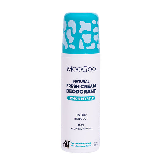 MooGoo Fresh Cream Deodorant Lemon Myrtle displayed on clean white backdrop, natural roll-on with light citrus fragrance and alkaline formula, natural roll-on formula to control odour without irritation