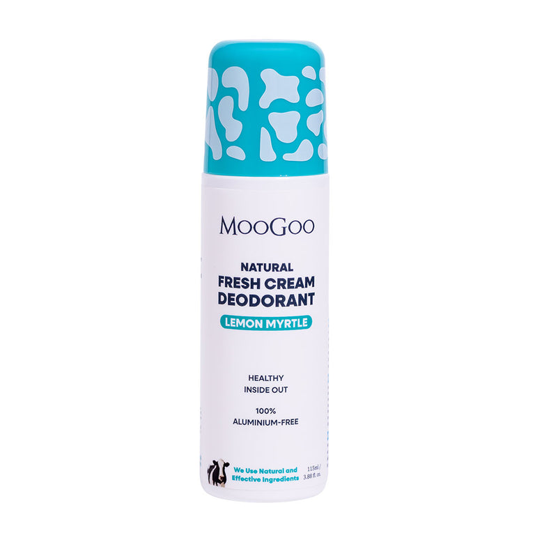 MooGoo Fresh Cream Deodorant Lemon Myrtle displayed on clean white backdrop, natural roll-on with light citrus fragrance and alkaline formula, natural roll-on formula to control odour without irritation
